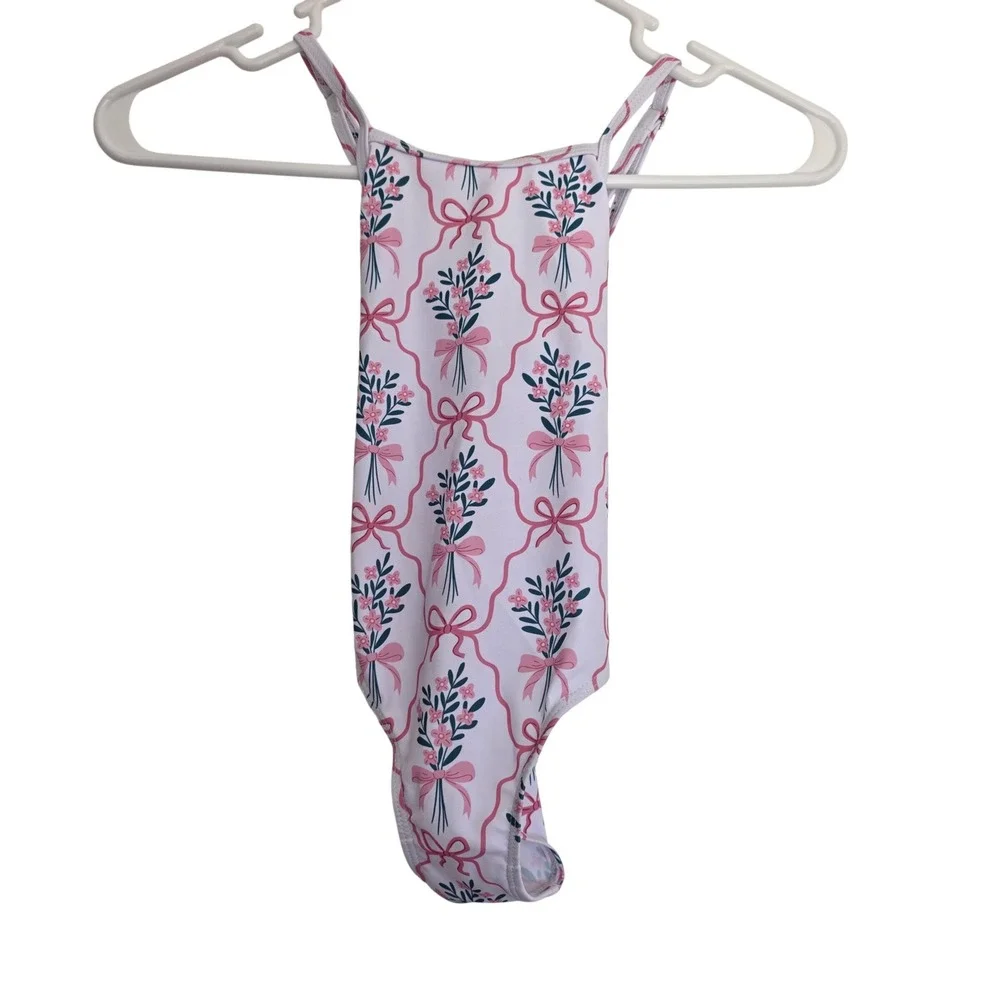 Victorias Vintage Jewels Girls Floral White One Piece Swimsuit Bow Print Size 5Y